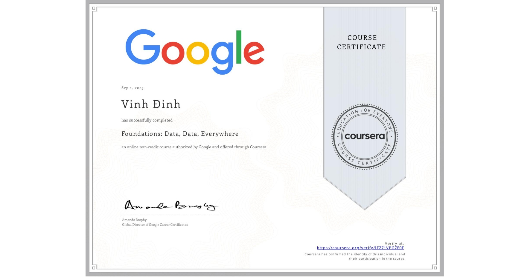 Foundations: Data, Data, Everywhere Certificate
